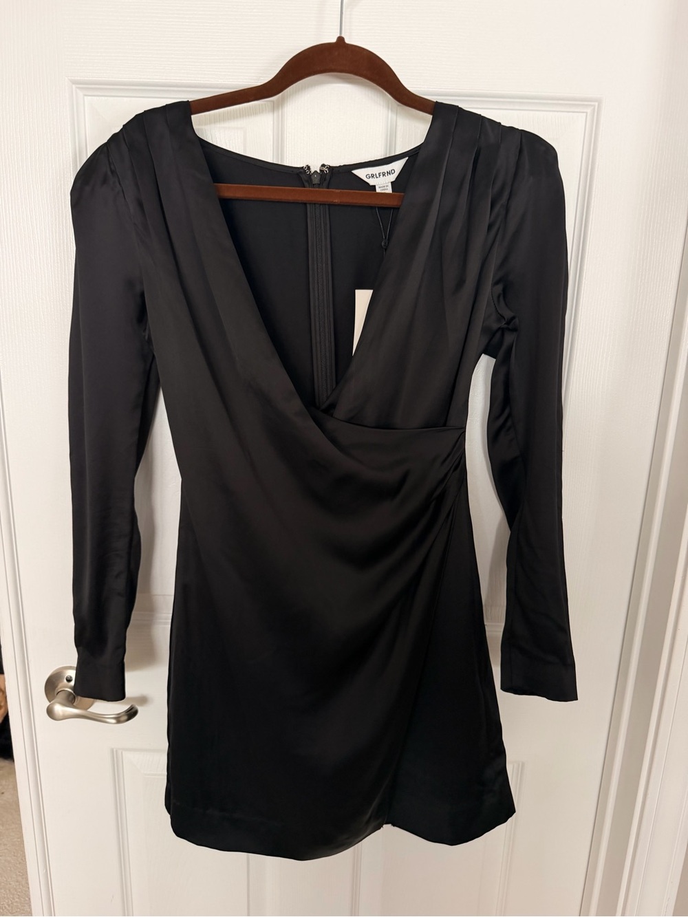 GRLFRND Black Long-Sleeve Wrap Mini Dress with V-Neck